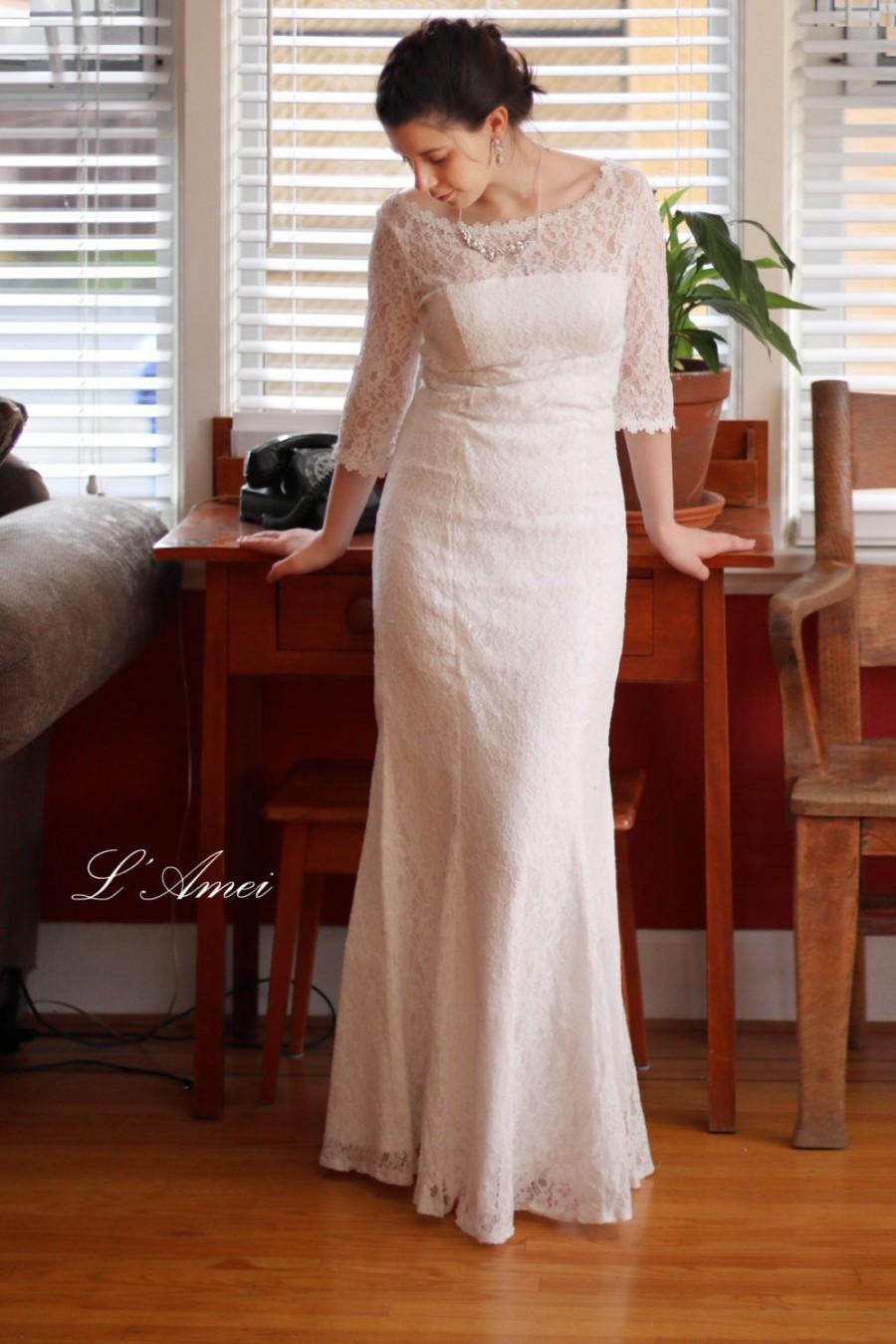 Mariage - Retro Design 3/4 Sleeve Lace Bridal Wedding Dress Gown. Perfect For Woodland/Beach Wedding