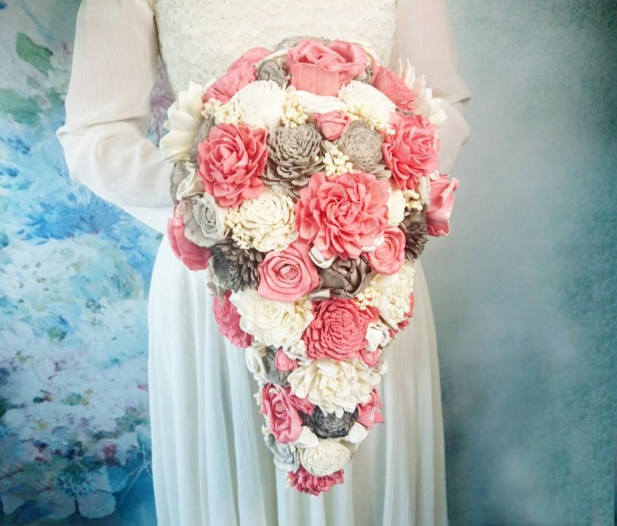 Свадьба - Big CASCADE/TEARDROP ivory grey coral satin elegant wedding Bridal BOUQUET sola Flowers, sorghum, roses vintage wedding custom
