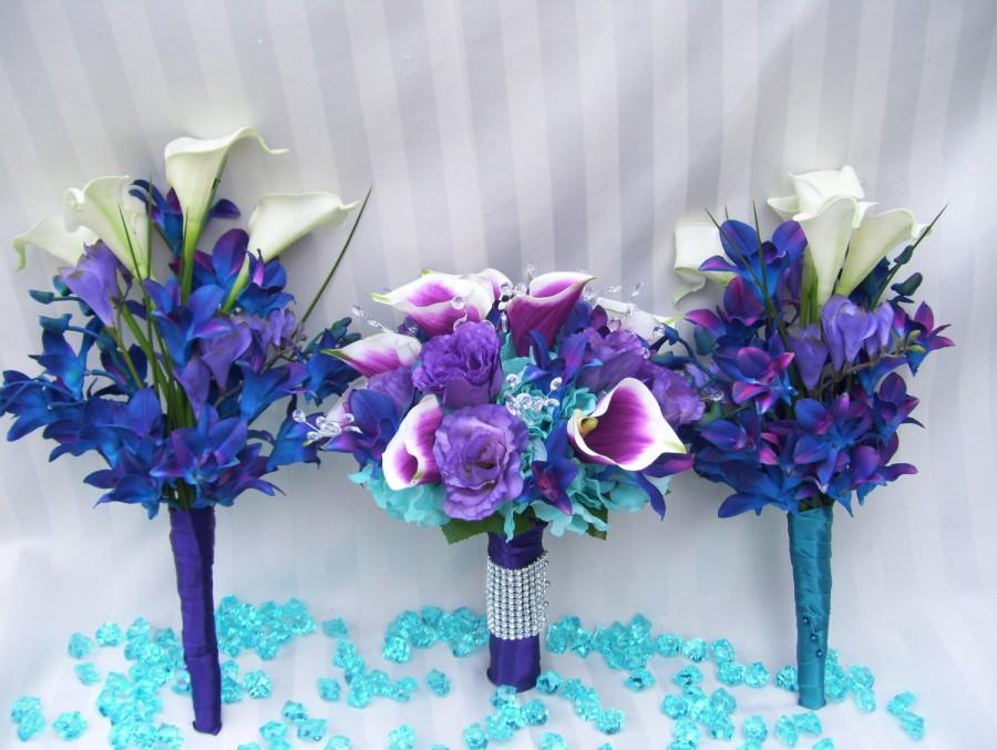 Hochzeit - Kayla's Arm Bridemaids Bouquets Blue Violet Dendrobuim Orchids, White Calla Lilies,Purple Freesia