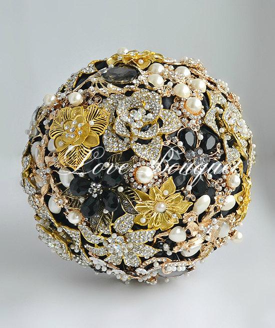 Wedding - Egypt Style Brooch Bouquet, Black and Gold Wedding Brooch Bouquet, Bridal Bouquet, Jewelry Bouquet, Gothic Wedding Bouquet, Crystal Bouquet