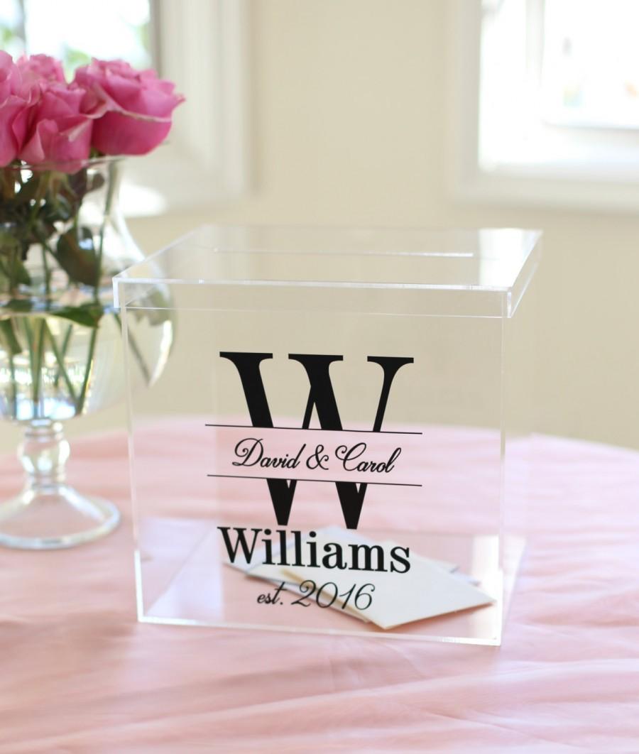 Hochzeit - Personalized Wedding Card Box Clear Acrylic Monogrammed With Last Name (Item EEBB201)