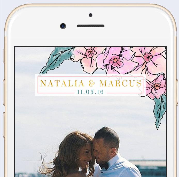 زفاف - Wedding Custom Snapchat Geofilter Personalized Geo Filter with Customized Names and Date / Watercolor flower floral pastel pink blush gold