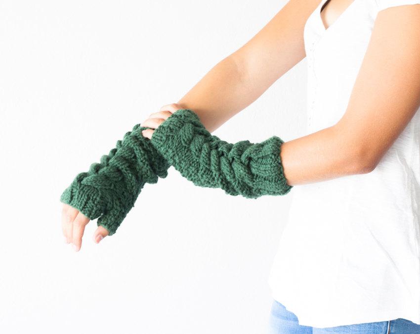 Hochzeit - Long cable green fingerless gloves hand knit mittens arm warmers women knit gloves texting gloves half finger gloves