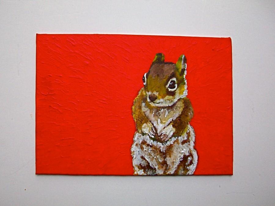 Wedding - Chipmunk On a Burst of Red (ORIGINAL ACRYLIC PAINTING) 5" x 7" by Mike Kraus