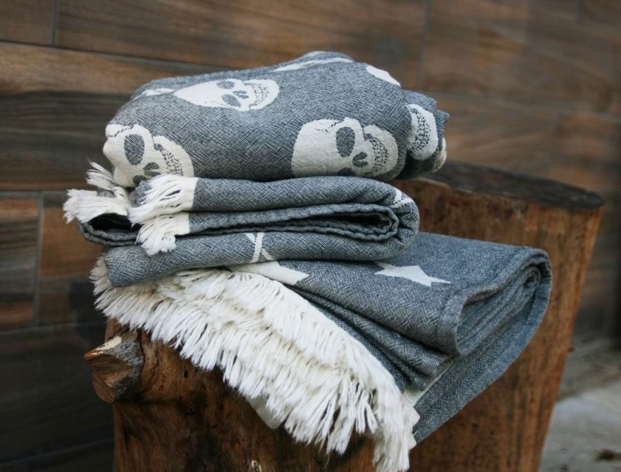 Wedding - Large Skull Towel, Hipster Beach Towel, Black White Skull Picnic Throw Blanket, Organic Cotton Turkish Towel Peshtemal