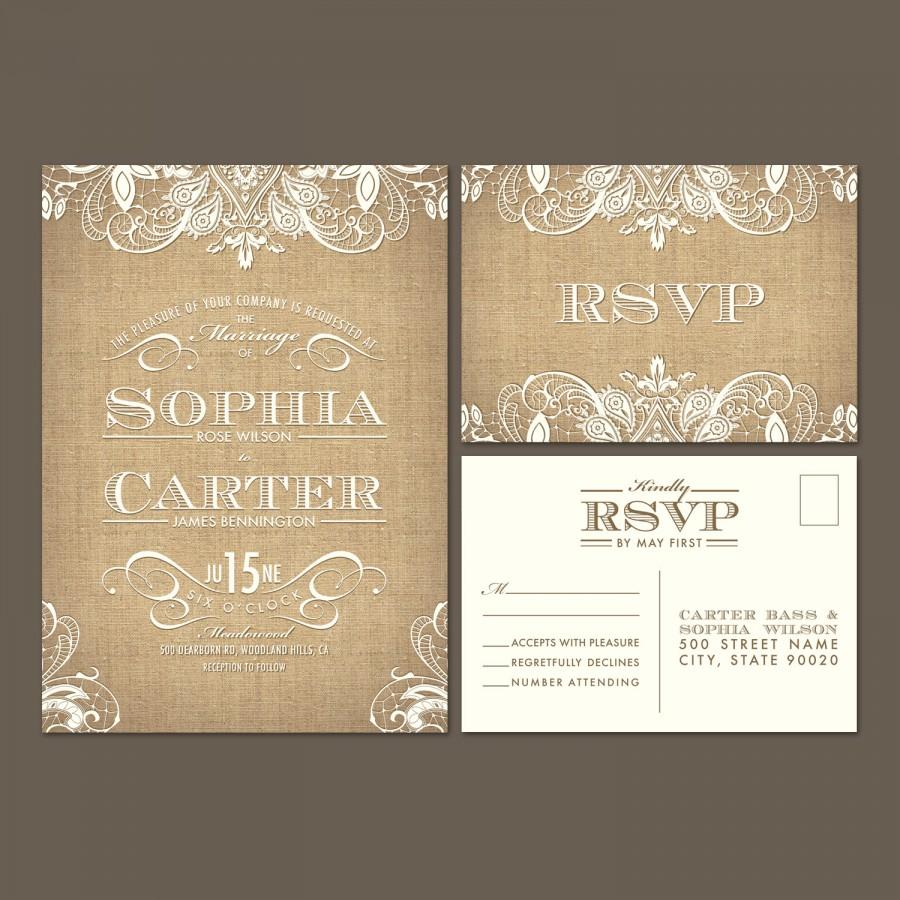 Hochzeit - Sample Burlap Lace Wedding Invitation and RSVP Postcard