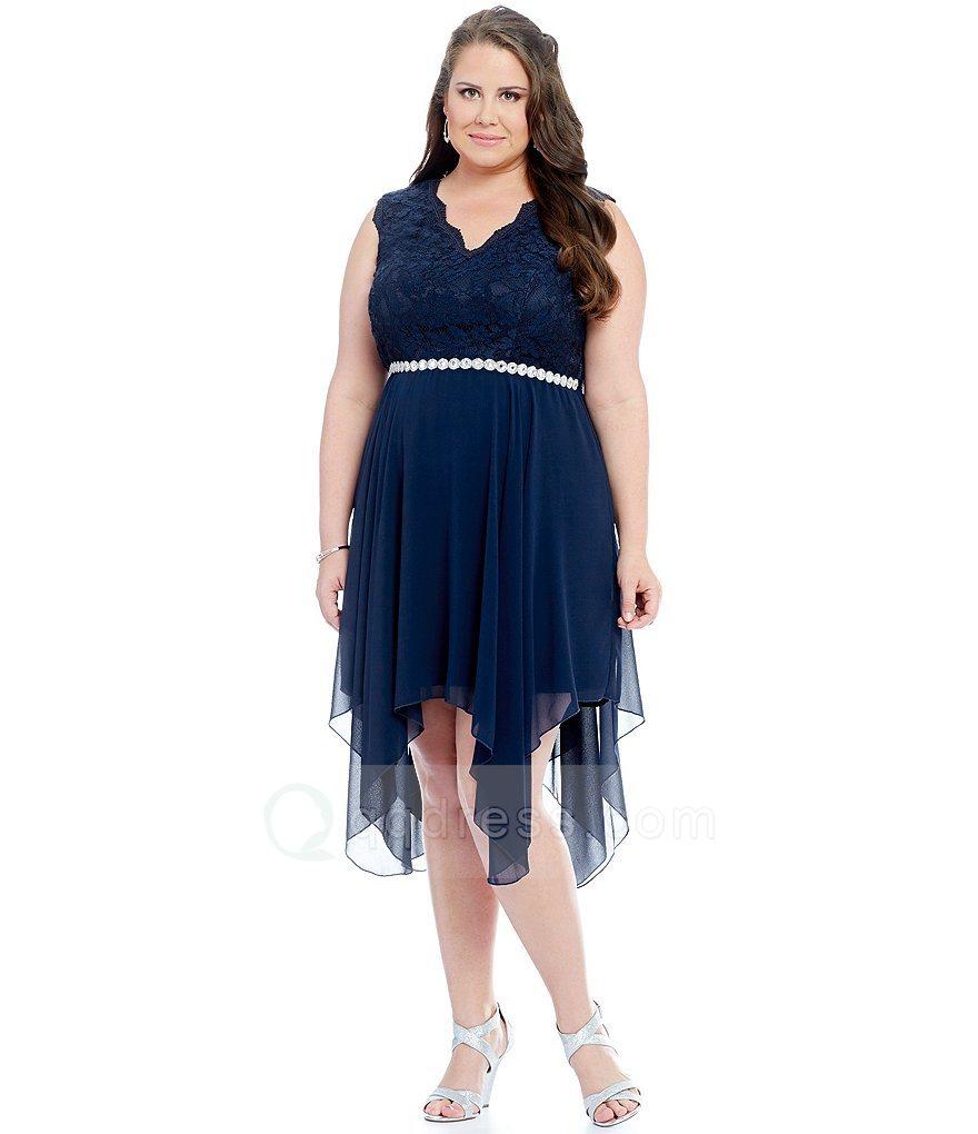 زفاف - Lace Bodice V-neck Round Open Back Asymmetrical Chiffon Plus Size Dress with Belt