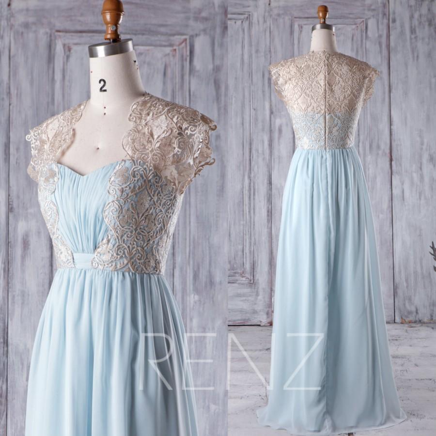 Hochzeit - 2016 Light Blue Chiffon Bridesmaid Dress, Gold Lace Wedding Dress, Sweetheart Illusion Neck Prom Dress, Long Evening Gown Floor Length(H311)