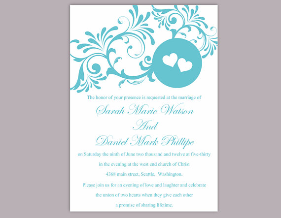 Hochzeit - DIY Wedding Invitation Template Editable Word File Instant Download Printable Blue Invitation Turquoise Wedding Invitation Heart Invitation