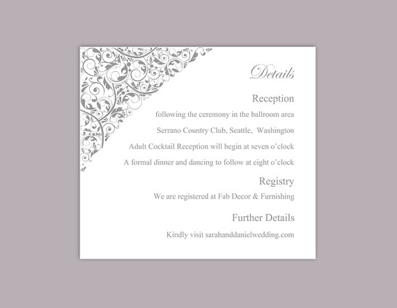 Wedding - DIY Wedding Details Card Template Editable Text Word File Download Printable Details Card Gray Silver Details Card Elegant Information Cards