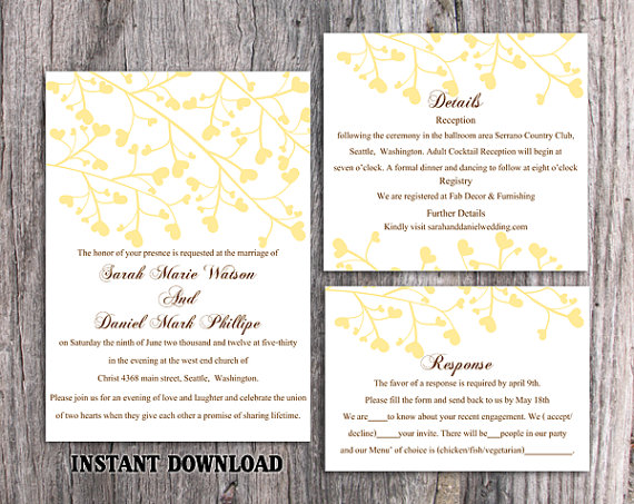 Свадьба - DIY Wedding Invitation Template Set Editable Word File Instant Download Printable Invitation Yellow Wedding Invitation Heart Invitation