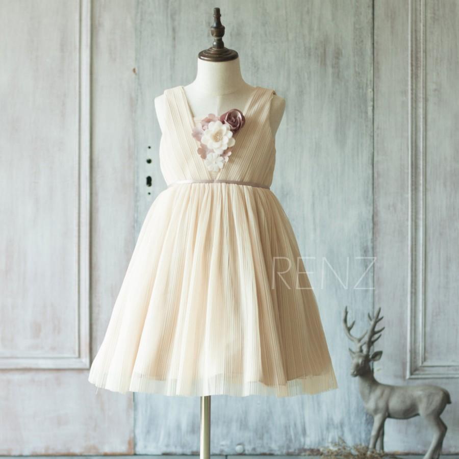 زفاف - 2016 Beige Junior Bridesmaid Dress, Square neck Ruched Flower Girl Dress, Rosette dress, Puffy dress, knee length (JK009)