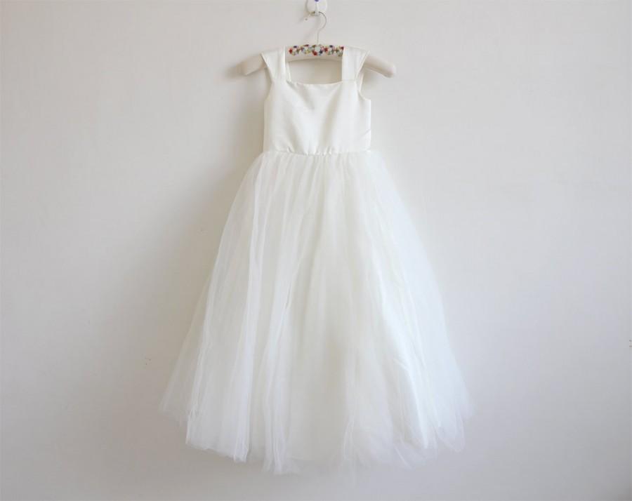 Свадьба - Light Ivory Flower Girl Dress Tulle Ivory Straps Baby Girl Dress Ivory Flower Girl Dress With Bow Floor-length