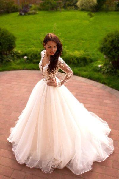 Свадьба - Romantic Wedding Dress,A-Line Wedding Dress,V-Neck Wedding Dress,Long-Sleeves Wedding Dress W20 From Babystyle