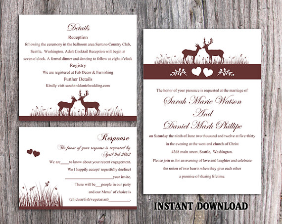 Wedding - DIY Wedding Invitation Template Set Editable Word File Instant Download Printable Reindeer Invitation Brown Invitation Heart Invitation