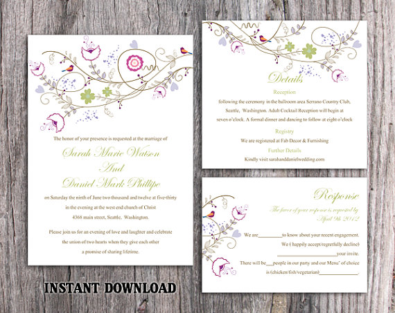 Wedding - DIY Wedding Invitation Template Set Editable Word File Download Printable Colorful Invitation Flower Wedding Invitation Bird Invitation