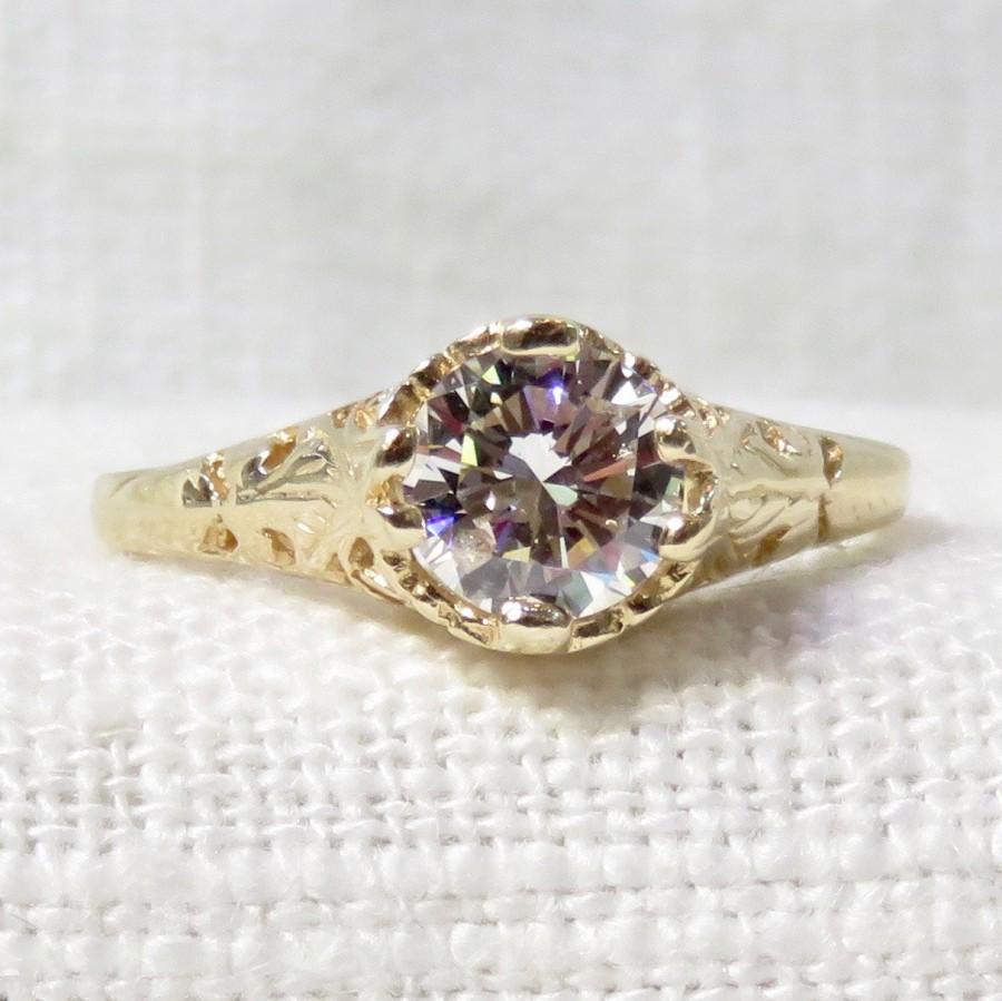 زفاف - Vintage 1920s Style Diamond Engagement Ring in 14k Yellow Gold 1.10 Carat