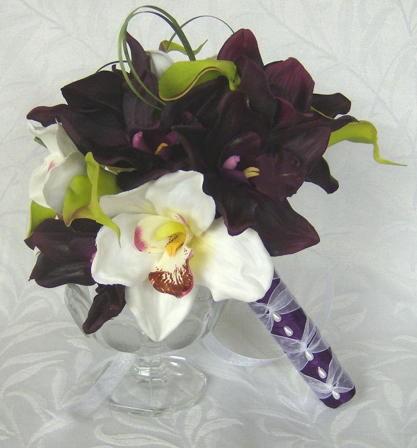 Wedding - Orchid Bridal Bouquet 4 piece Destination wedding plum and white orchid silk flower bouquet