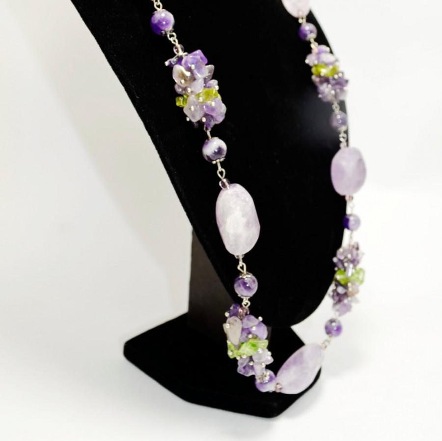 Wedding - Purple Faceted Amethyst and Chrysolite Statement Big Bold Long Necklace, Wirework Genuine Gemstone Fashion Necklace, Valentine's Gift