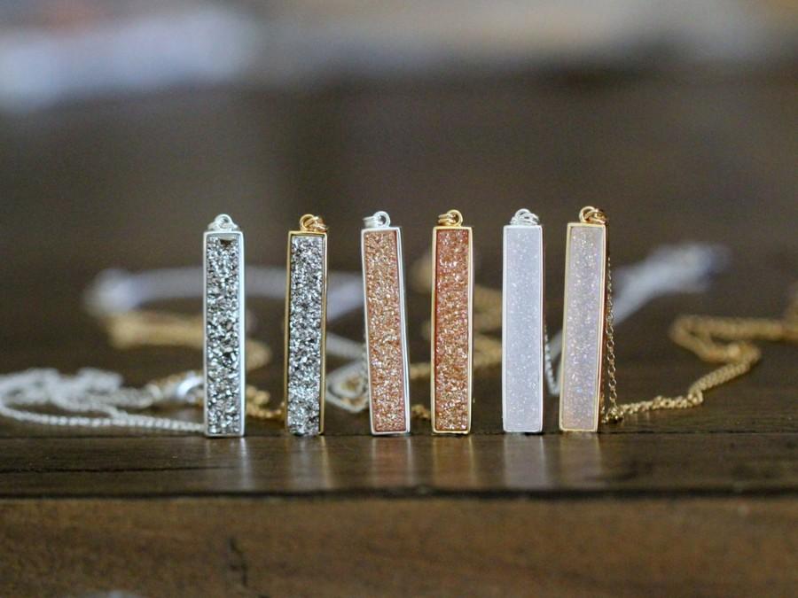 Wedding - Druzy Bar Necklace , Gold or Sterling Silver Bezel Pendant in 3 Color Choices , Bohemian Bridal Fashion - Brick