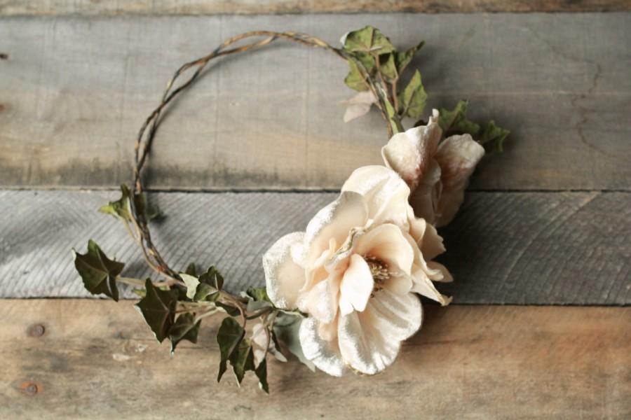 Wedding - Floral bridal wreath, velvet floral crown, woodland hair crown, wedding headpieces, boho chic crown, floral circlet, ivory flower crown
