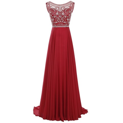 Mariage - Decent Red Prom Dress - Bateau Sleeveless Sweep Train Pleated Beading with Rhinestones from Dressywomen