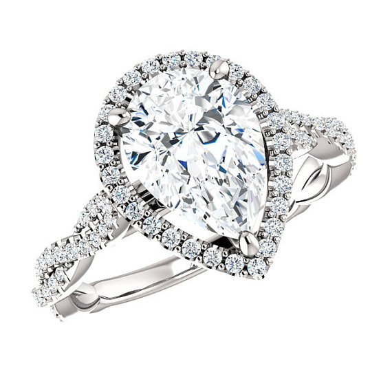 زفاف - 10x7mm Pear Forever One Moissanite & Diamond Halo Twisted Shank Engagement Ring 14k, 18k or Platinum, Pear Shaped Engagement Rings, Braided