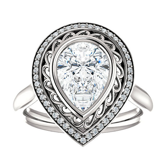 زفاف - 10x7mm Pear Cut Forever One Moissanite & Diamond Filigree Halo Engagement Ring 14k, 18k or Platinum, Anniversary Rings Pear Moissanite Rings