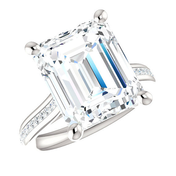 Wedding - 6.50 Carat (12x10mm) Emerald Supernova Moissanite & Diamond Channel Set Engagement Ring 14k, 18k or Platinum, 3/4 Eternity Ring