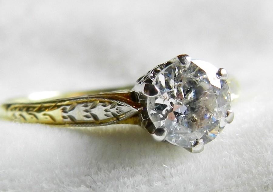 Wedding - Diamond Engagement Ring .65 Ct Antique Old European Cut Diamond Platinum Crown Setting 14k gold band Art Deco Engagement Ring