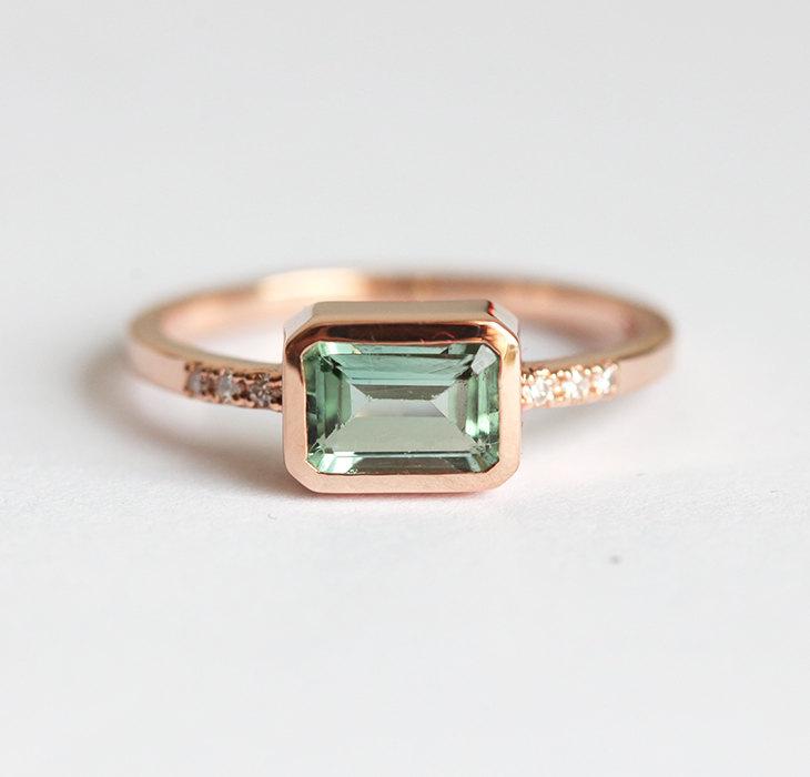 Wedding - Tourmaline Engagement Ring, Engagement Tourmaline Ring, Emerald Cut Ring Tourmaline Diamond Ring, Simple Engagement Ring