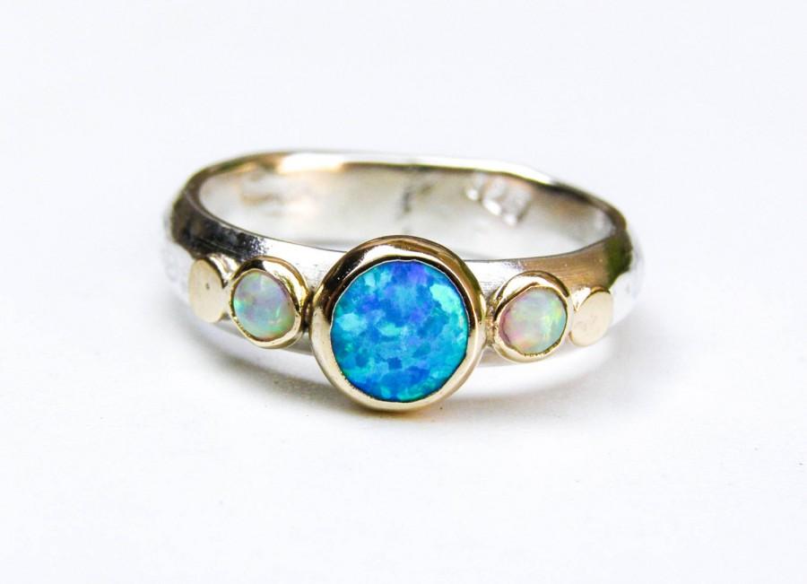 زفاف - Blue Opal Ring, Gold and Silver Ring ,14k Gold Ring ,Statement ring, Wedding set, Opal Ring, Anniversary ring, Gift for her, Bridal set ring