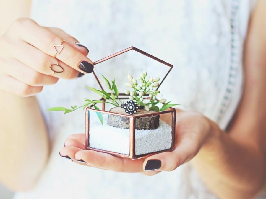 Wedding - Glass Ring Box, Ring Bearer Box, Wedding Ring Box, Bridesmaid Gift, Geometric Jewelry Box, Rose Gold Ring Box, Ring Pillow, Pentagon Box