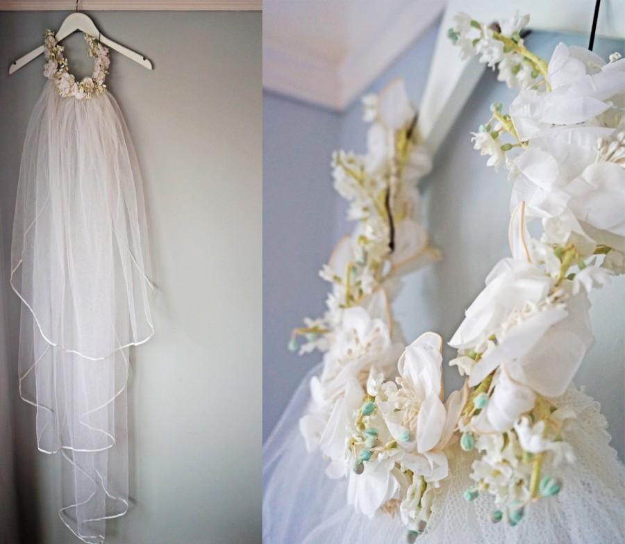 زفاف - White Bridal Veil, Vintage Boho Flower Crown Veil, Long White Veil, Floral Veil, Summer Wedding Veil, Floral Headband Crown, 70s Long Veil