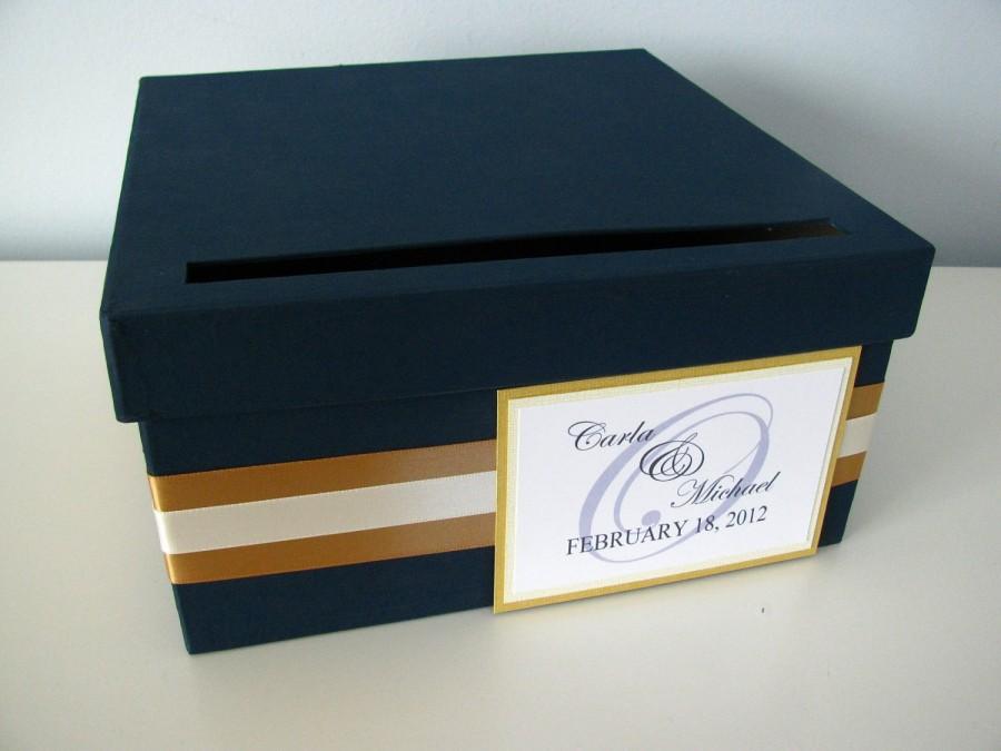 زفاف - Modern Wedding Card Box Bridal Shower Engagement Anniversary Navy Blue and Gold Modern Personalized Tag You Can Customize Small 9 inch