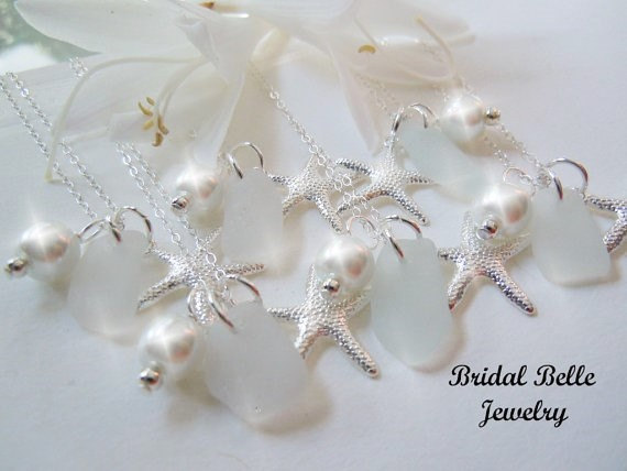 Mariage - Bridesmaid Sea Glass Starfish Necklaces, Beach Wedding Jewelry, Beach Glass Jewelry, Seaglass Necklaces