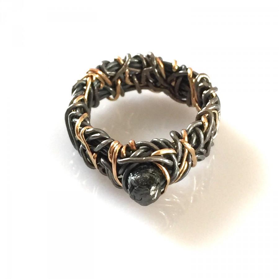 Wedding - 14K Gold, Rough Diamond Ring with Blackened Silver, Steampunk Wedding Ring, Unique Engagement Ring, Black Wedding Ring
