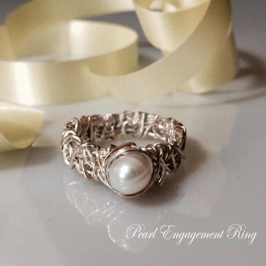 زفاف - 14K Yellow Gold and Sterling Silver Engagement Ring with Natural Pearl, Coiled Wedding Ring, Two Tone Wedding Ring