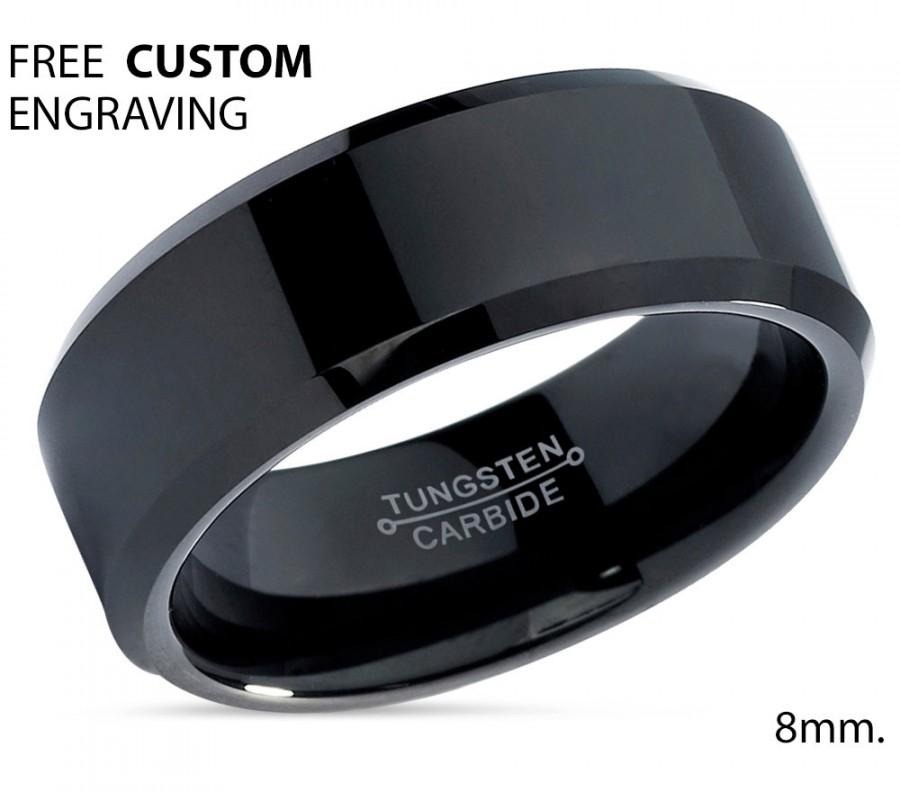 Wedding - Black Tungsten Wedding Band,Tungsten Wedding Ring,Black Tungsten Ring,Beveled Edges,High Polish,Comfort Fit,8mm Engagement Ring,Anniversary