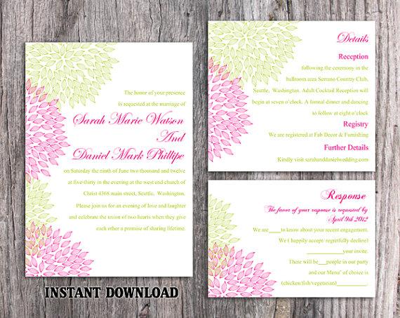 Hochzeit - DIY Wedding Invitation Template Set Editable Word File Download Printable Floral Invitation Dark Pink Wedding Invitation Green Invitations