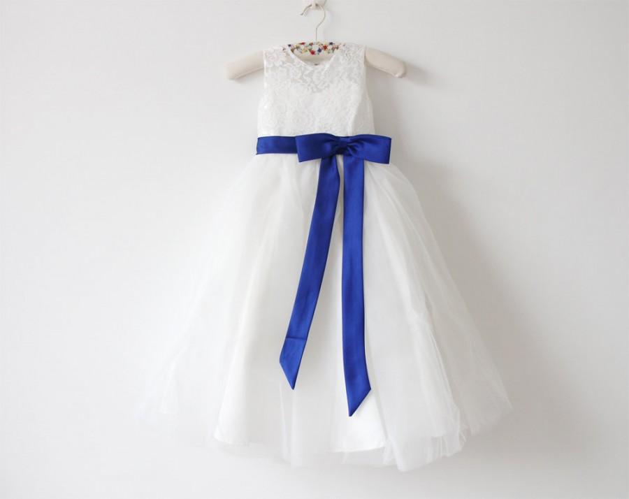 Hochzeit - Light Ivory Flower Girl Dress Royal Blue Baby Girls Dress Lace Tulle Flower Girl Dress With Royal Blue Sash/Bows Sleeveless Floor-length