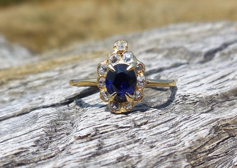 Wedding - Georgian Blue Sapphire Old Mine Cut Diamond Unique Engagement Ring Crowned Heart 15k Yellow Gold