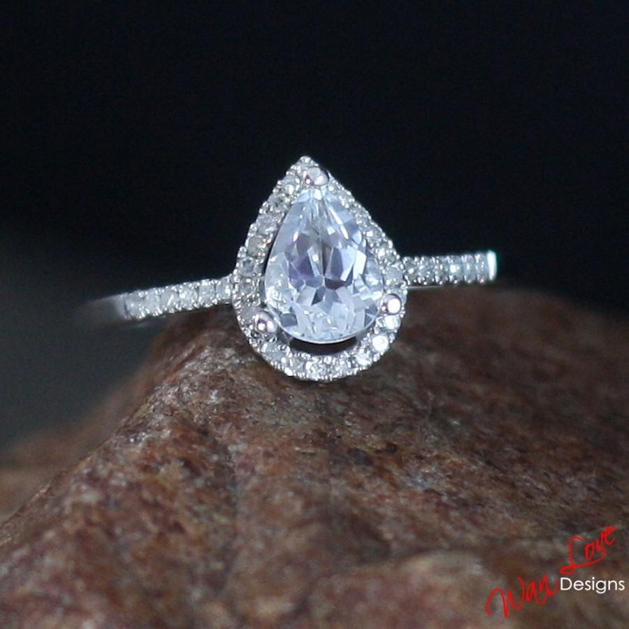 Свадьба - White Sapphire & Diamond Pear cut Halo Engagement Ring 1ct 7x5mm 14k 18k White Yellow Rose Gold-Platinum-Custom made-Wedding-Anniversary