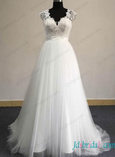 Wedding - H1288 Sexy sheer tulle back with lace bodice a line wedding dress