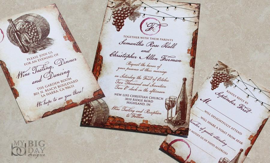 Hochzeit - New for 2017! Vintage Winery Wedding Invitation Set. Vinyard themed wedding invitations. Vintage Vinyard Fairylights Wedding Invitation