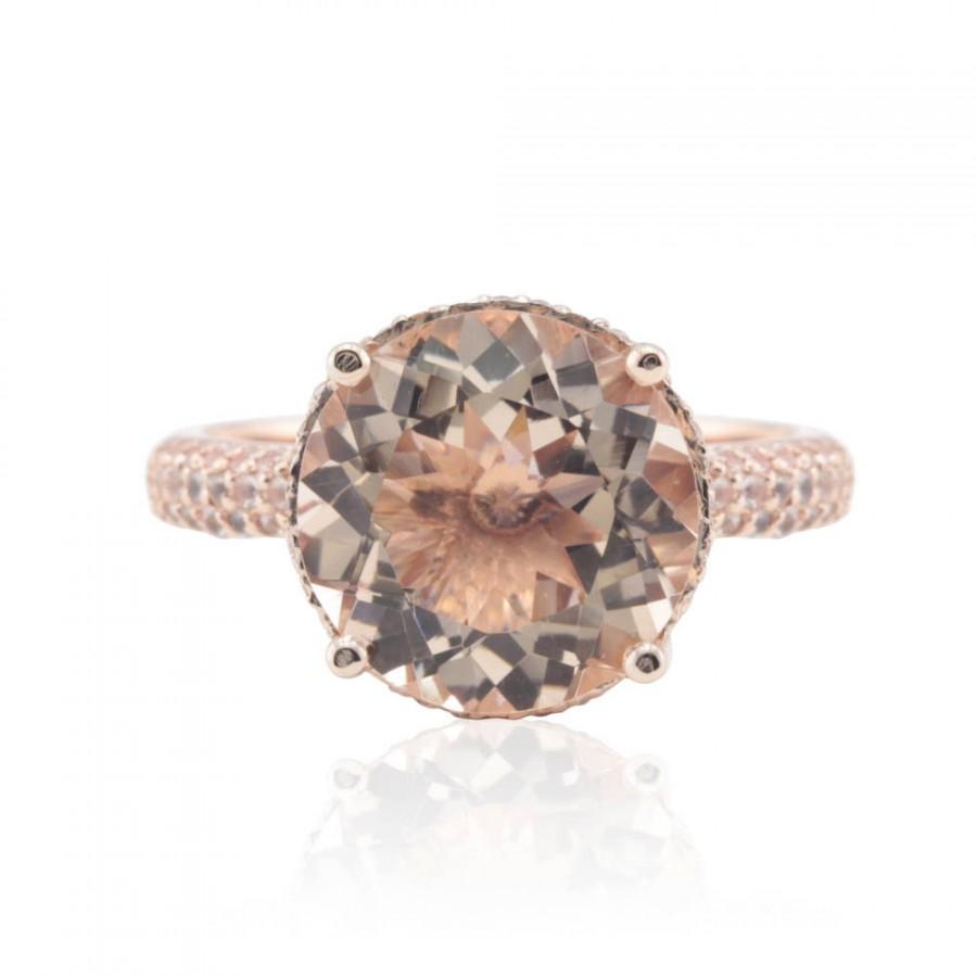 Hochzeit - Morganite Engagement Ring - Rose Gold Engagement Ring with 12mm Round Morganite, Filigree, and White Sapphire Micropave Shank - LS3917
