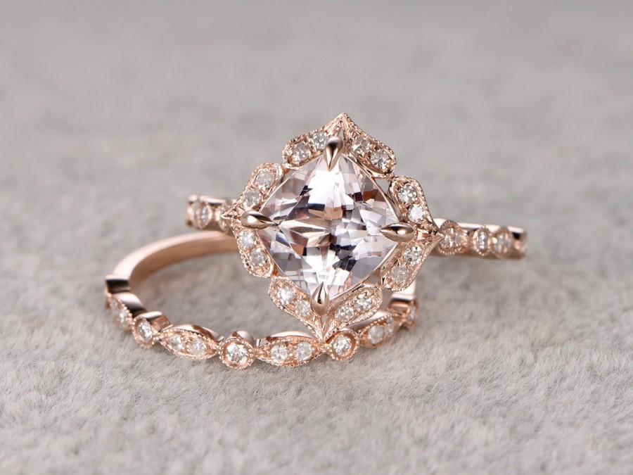 Hochzeit - 2pcs Morganite Bridal Ring Set,Art Deco Engagement ring 14k Rose gold,Diamond wedding band,7mm Cushion Cut,Promise Ring,Retro Vintage Floral