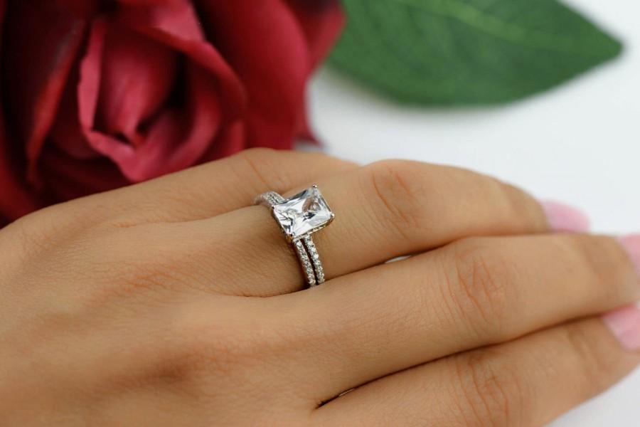 Wedding - 2 ctw Radiant Cut, Accented Solitaire Wedding Set, Half Eternity Bridal Rings, Man Made Diamond Simulants, Engagement Ring, Sterling Silver
