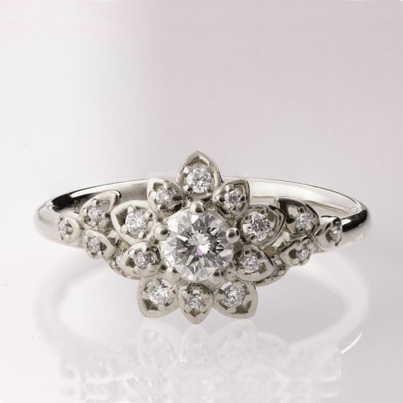 زفاف - Diamond Art Deco Petal Engagement Ring No.2B  - Platinum and Diamond engagement ring, leaf ring, flower ring,vintage,halo ring,Platinum Ring