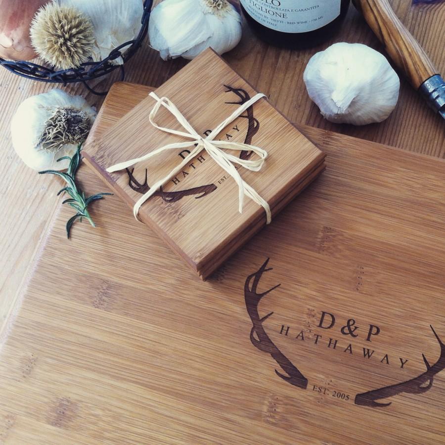 Wedding - Personalized Cutting Board and Coasters Gift Set, Custom Engraved Cutting Board and Coaster Set, Wedding Gift, Engagement Present, Antlers